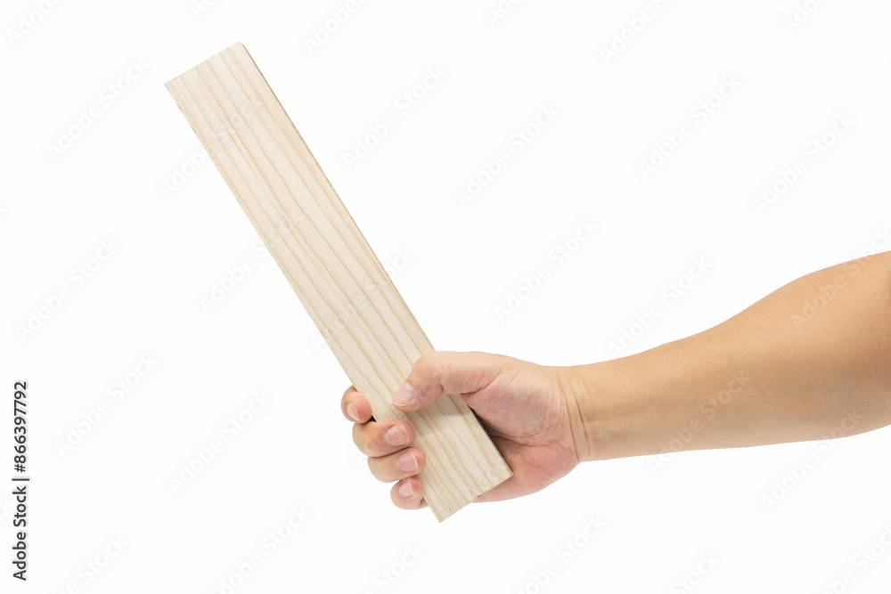 A man hand holding a long wooden board for presentation isolated on white background A man hand holding a long wooden board for presentation isolated on white background