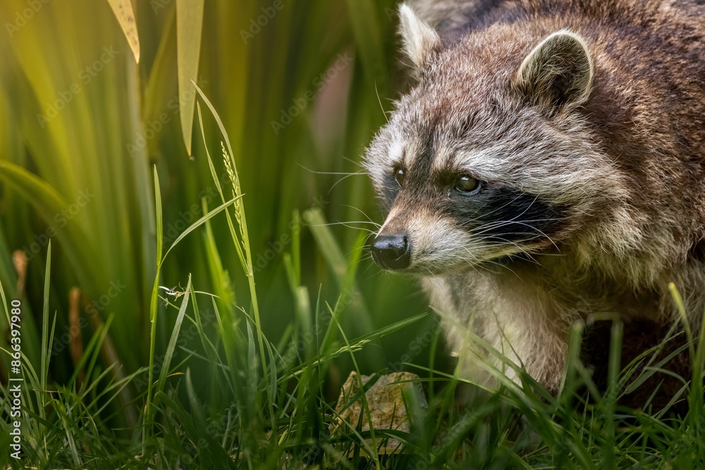 Fototapeta premium Close-up of a raccoon in a lush green environment with soft sunlight