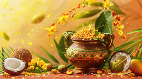 Realistic illustration for ugadi with a traditional pot with coconut, mango leaves and decoration.