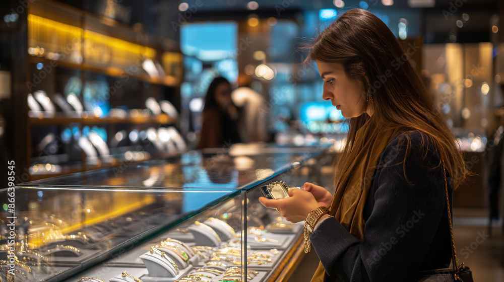 Woman shopping for items in a high class Jewelry store. image for advertising Woman shopping for items in a high class Jewelry store. image for advertising