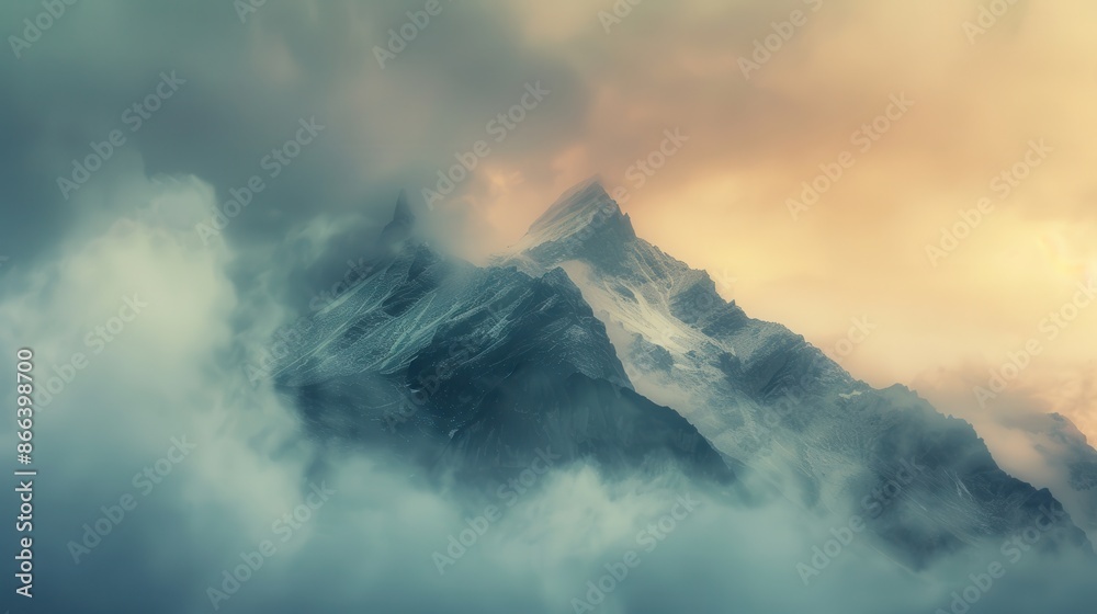 Fototapeta premium mountain peak surrounded by clouds close up, focus on, copy space, dramatic tones, Double exposure silhouette with Phoenix rebirth