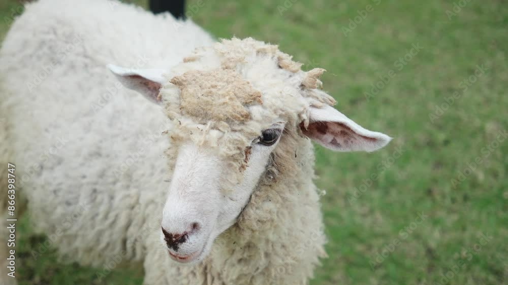 Disheveled sheep ruminating in a green field. Close up