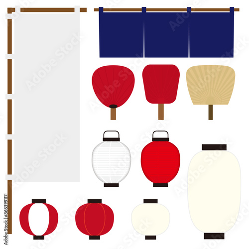 和風の提灯うちわのれん旗のセット