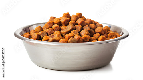 Dog food in a stainless steel bowl isolated on a transparent background