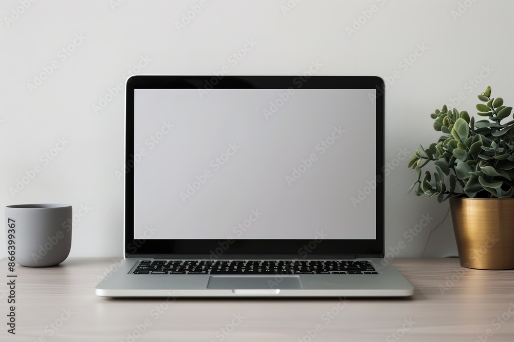 Minimalistic laptop setup on table with plant and mug Minimalistic laptop setup on table with plant and mug