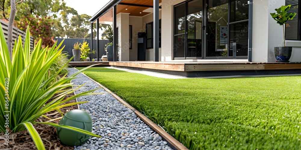 Front yard landscaping with artificial grass lawn and timber edging in ...