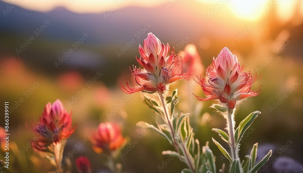 Vibrant Indian Paintbrush flowers glowing in the warm light of a mountain sunset, creating a serene and captivating natural scene. High-quality image with ample space for text. Vibrant Indian Paintbrush flowers glowing in the warm light of a mountain sunset, creating a serene and captivating natural scene. High-quality image with ample space for text.