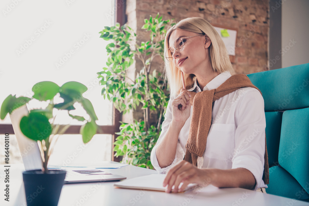 Photo portrait of pretty young girl online meeting thoughtful wear trendy outfit modern workplace success business owner office Photo portrait of pretty young girl online meeting thoughtful wear trendy outfit modern workplace success business owner office