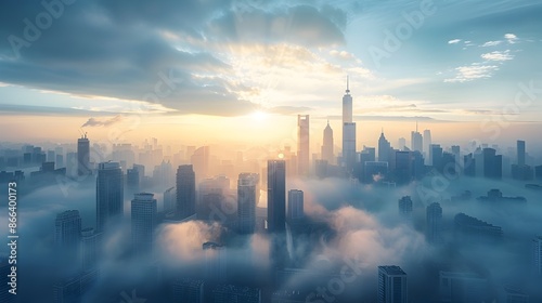 Majestic Cityscape Emerging from Misty Dawn   Towering Skyscrapers Bathed in Radiant Sunrise © Thares2020