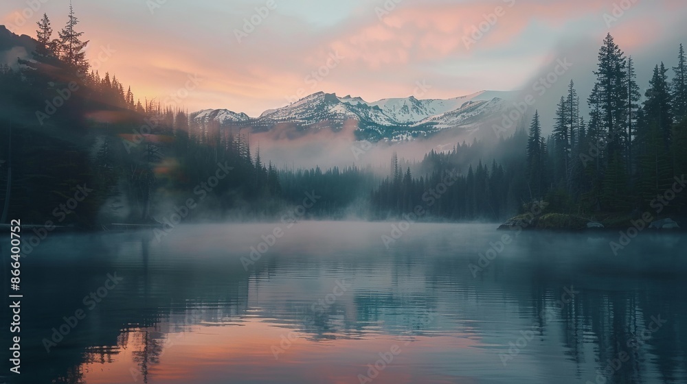 Fototapeta premium Misty Sunrise Over a Mountain Lake