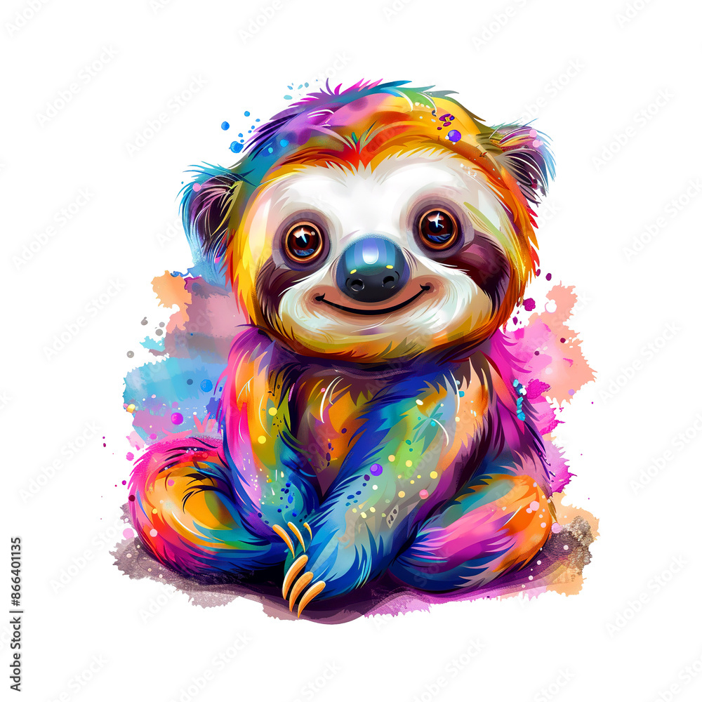 Naklejka premium A colorful cute sloth sit portrait on a white background. Sublimation designs. Wildlife Animals.