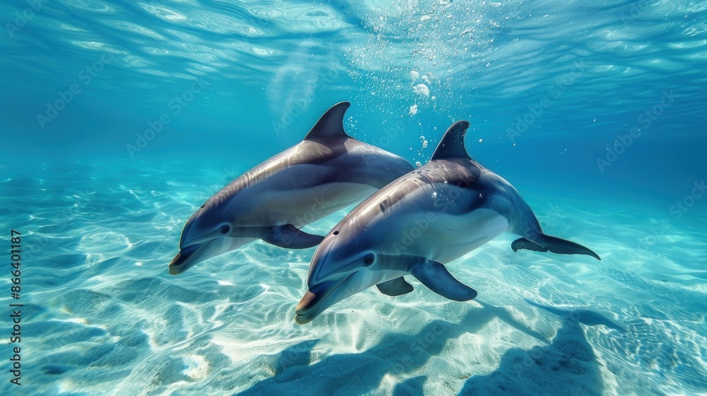 Obraz premium Two dolphins swim and play in water. Dolphin underwater sea background.