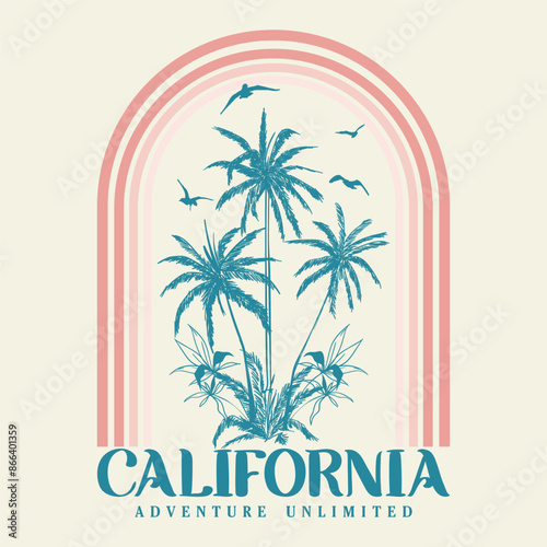 Modern summer beach college print, California college text print, summer palm tree Los angels. ca california la los angeles palm see summer loving vector design for t-shirt. tee graphic design