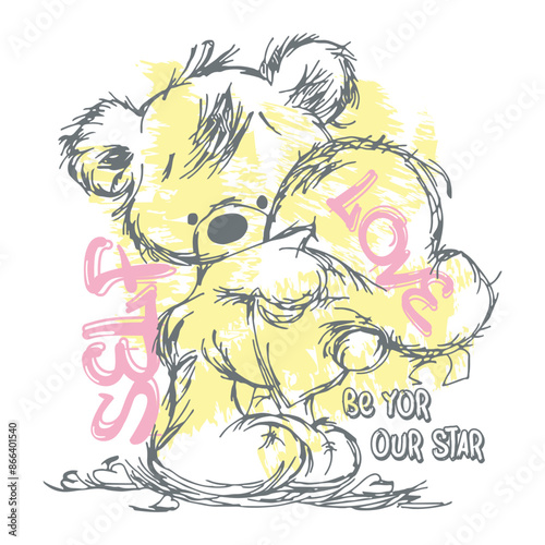 Teddy Bear loves slogan vector illustrations. Love message and hand-drawn design teddy bear. Graphic t-shirt design, love slogan with a cute bear toy, vector illustration for t-shirt.