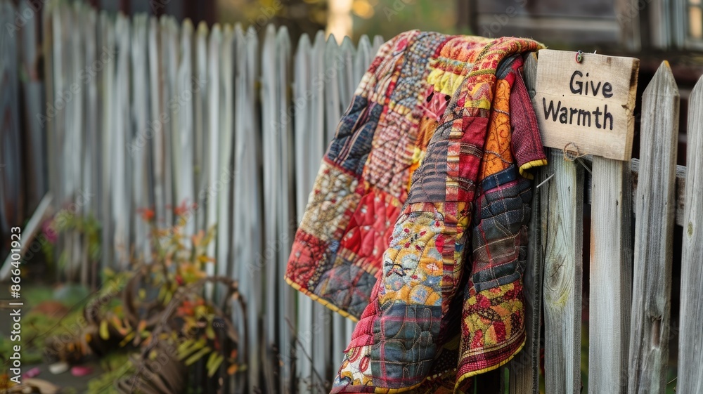 Patchwork quilt draped on wooden fence with Patchwork quilt draped on wooden fence with