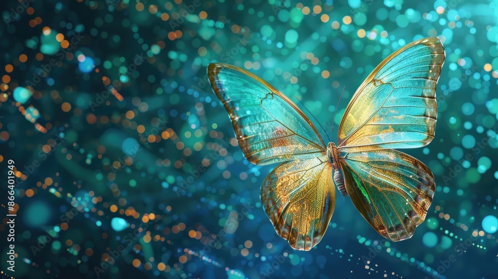 Vibrant butterfly with blue and gold wings, set against bokeh background Vibrant butterfly with blue and gold wings, set against bokeh background