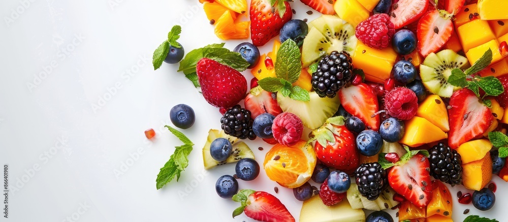 Fresh fruit displayed as a colorful fruit salad against a white backdrop Fresh fruit displayed as a colorful fruit salad against a white backdrop