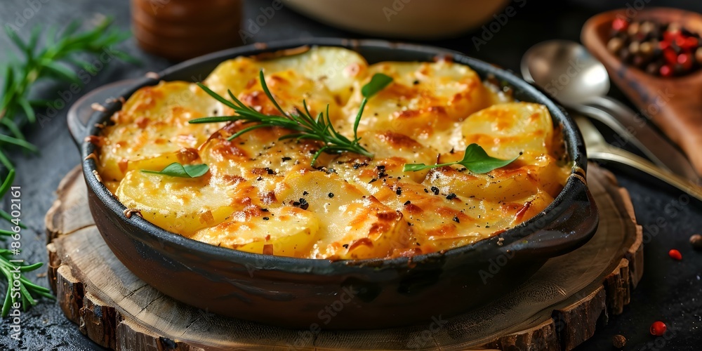 Traditional French dish from Dauphiné region globally loved potato gratin. Concept Potato Gratin, French Cuisine, Dauphiné Region, Comfort Food, Global Favorite Traditional French dish from Dauphiné region globally loved potato gratin. Concept Potato Gratin, French Cuisine, Dauphiné Region, Comfort Food, Global Favorite