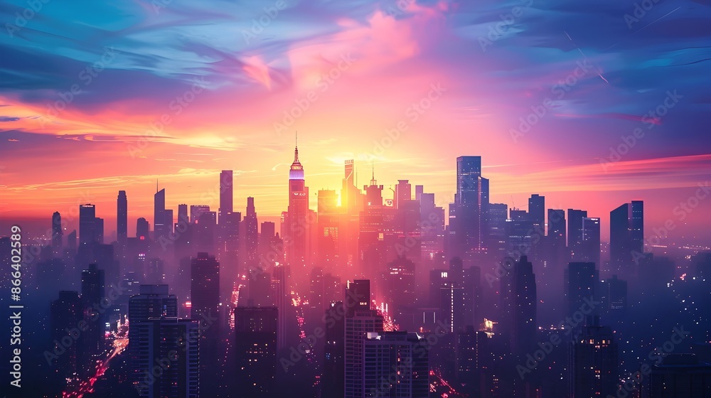 Fototapeta premium Vibrant Cityscape Silhouetted Against Colorful Sunrise Sky