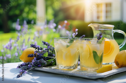 Fresh lemonade and bouquet of lavender lie on a table in the garden of the country estate