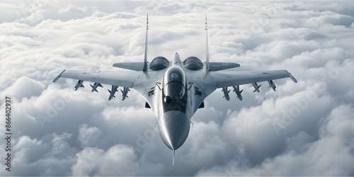 Supersonic military fighter jet soaring through clouds seen from above. Concept Military Aircraft, Clouds, Aerial View, High Speed, Fighter Jet photo