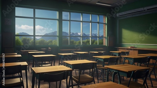 Empty classroom with desks and chairs, large windows with a view of mountains, concept of education, learning, and school.