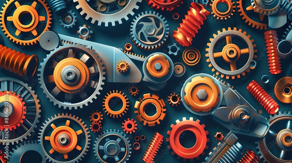 Industrial design background with machine spare parts and screws theme Industrial design background with machine spare parts and screws theme