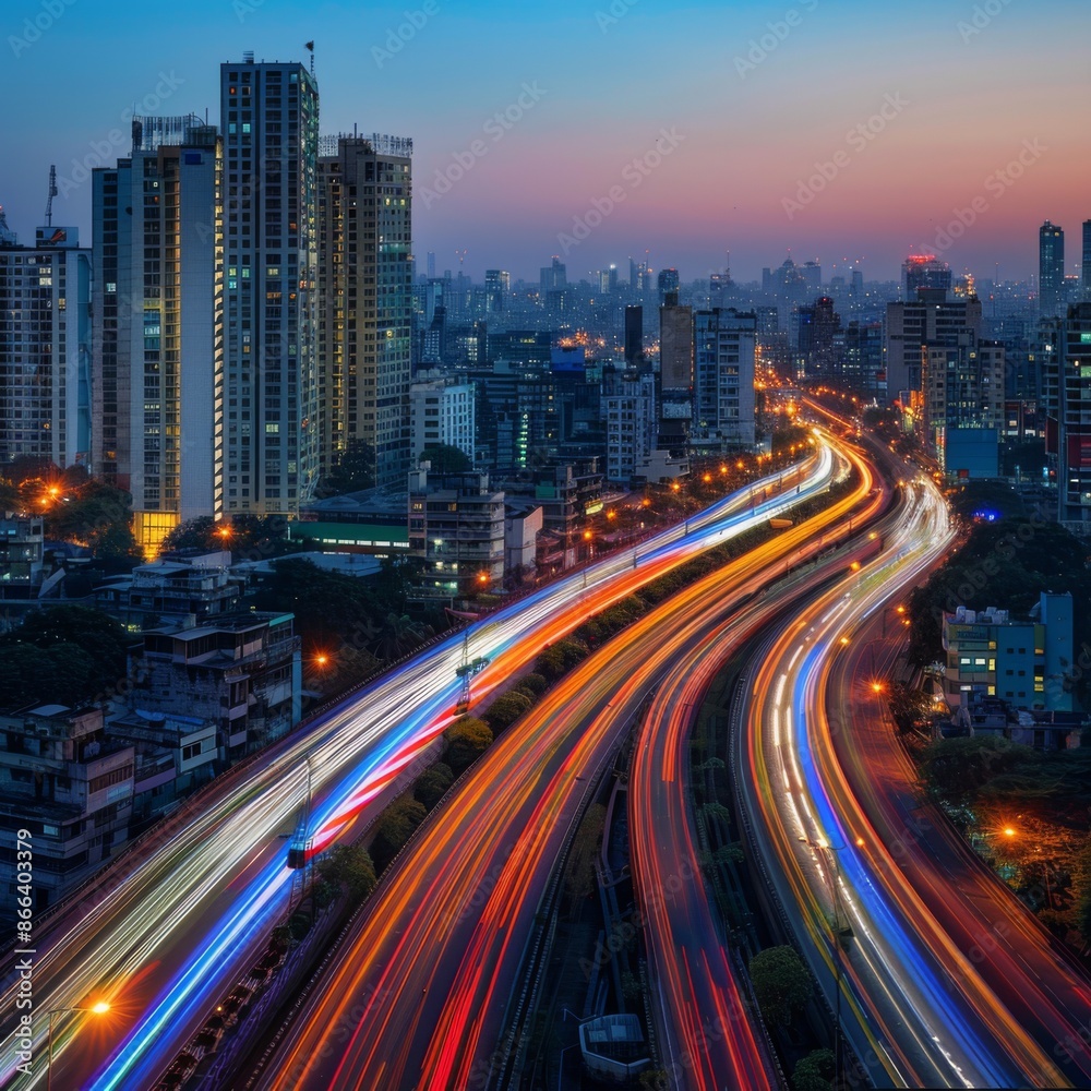 Fototapeta premium Vibrant Tricolor Light Trails Illuminating Urban Skyline on Indian Independence Day Evening
