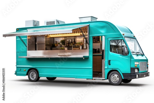 Modern food truck on a white background with a shadow on the ground
