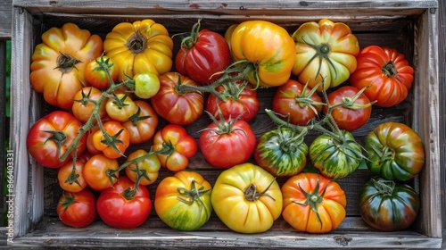 Colorful assortment of tomatoes in a wooden box with types like borange monterosa and heirloom photo