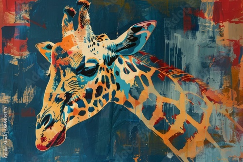 Vibrant and colorful giraffe abstract artwork with textured background inspired by the wildlife of africa and the exotic nature of the safari, perfect for contemporary and modern wall decoration