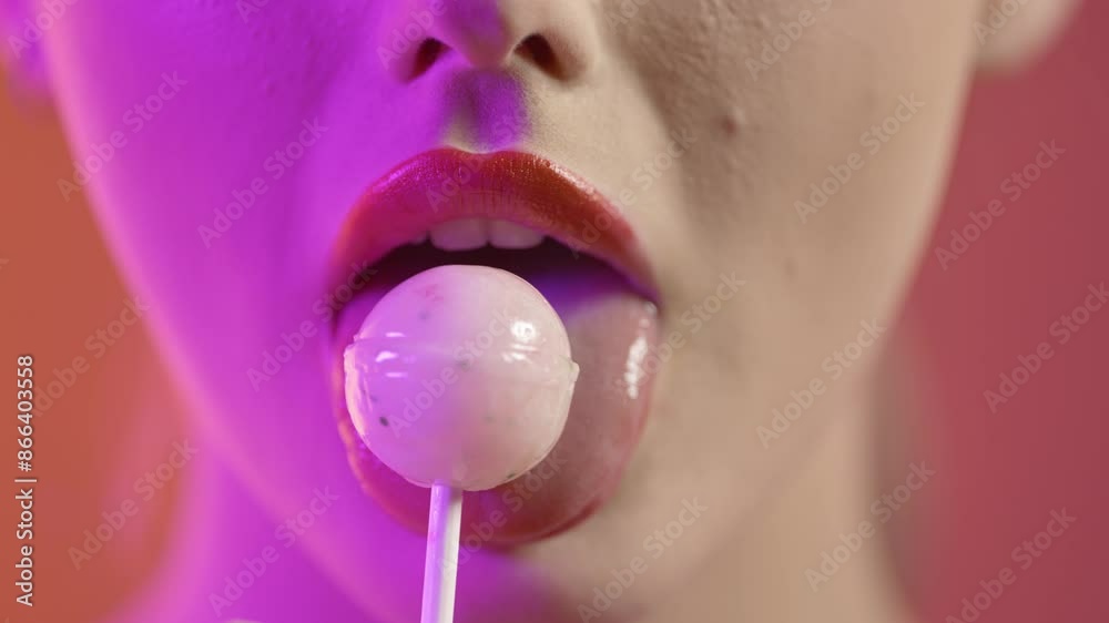 girl licking popsicle with seduction, mouth close-up shot on red background girl licking popsicle with seduction, mouth close-up shot on red background