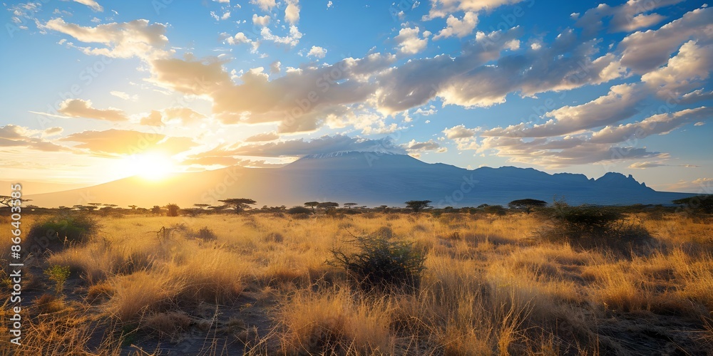 Fototapeta premium Dry African savanna at sunset with Mount Kilimanjaro Africas highest peak. Concept African Savanna, Sunset, Mount Kilimanjaro, Dry Landscape, Nature Scene