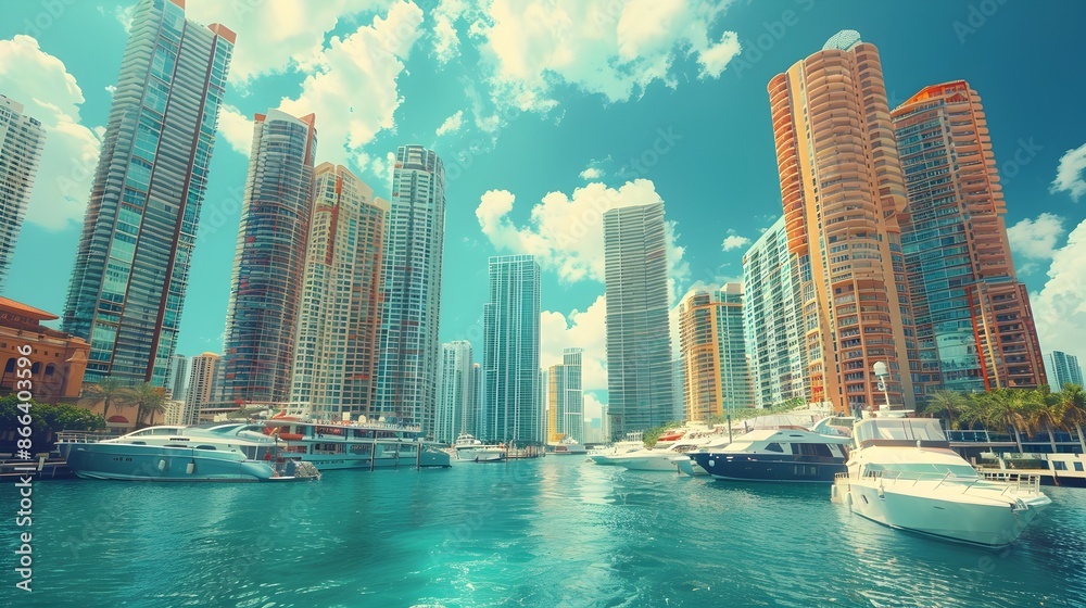 Fototapeta premium Majestic Cityscape with Bustling Harbor and Soaring Skyscrapers