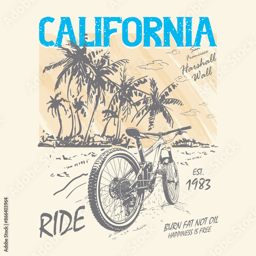Bicycle tropical palm trees vintage typography t-shirt print. Long beach, summer vibes hand draw, summer slogan with beach illustration, Hawaii, Aloha bicycle, beach vector print