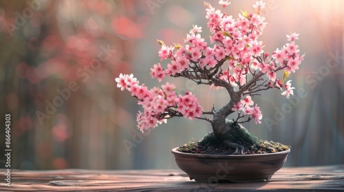 Delicate pink cherry blossom bonsai tree in a pot on a wooden table in front of a blurred background. Concept of nature, zen, tranquility, growth and beauty.