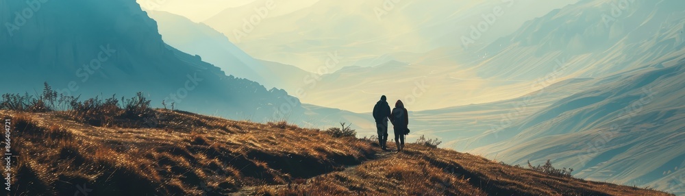Fototapeta premium mountain valley with shadowy figures close up, focus on, copy space, rich earthy hues, Double exposure silhouette with Bauk