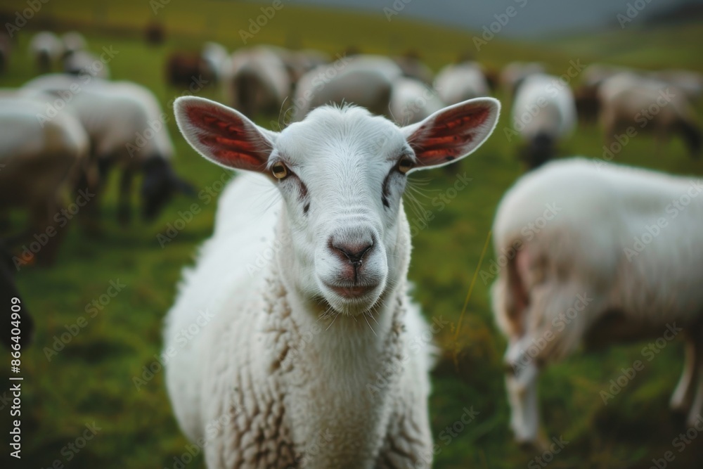 Close-up of a Happy Sheep in a Green Pasture with Other Sheep Close-up of a Happy Sheep in a Green Pasture with Other Sheep