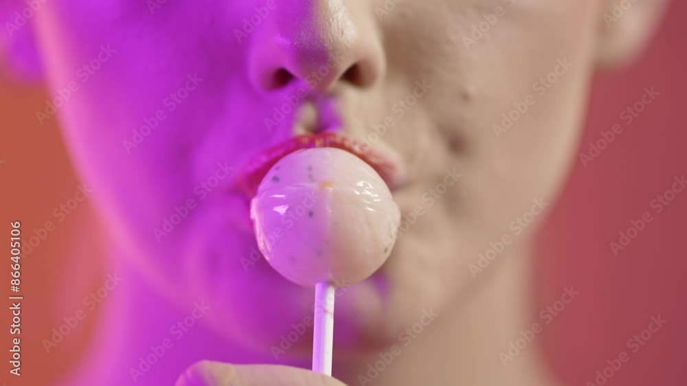 girl licking popsicle with seduction, mouth close-up shot on red background girl licking popsicle with seduction, mouth close-up shot on red background