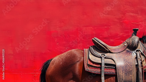 Detailed horse saddle against vibrant red wall