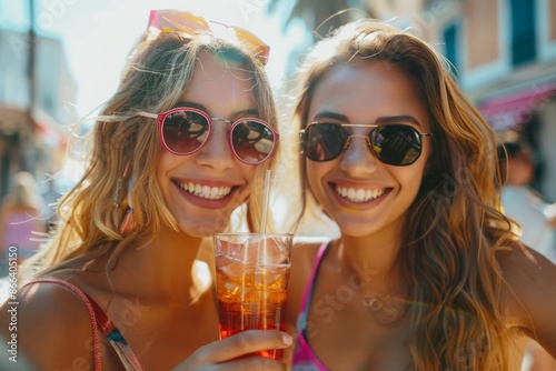Two Young Women Enjoying Drinks in the Sun with Stylish Sunglasses