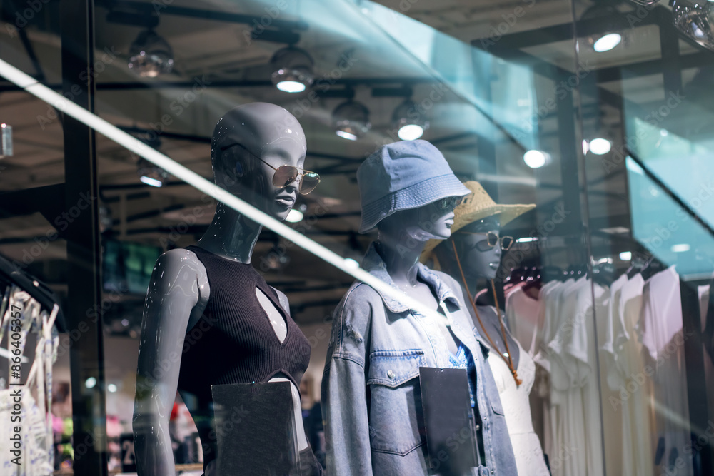 Three mannequins in hats and sunglasses in a store window Three mannequins in hats and sunglasses in a store window