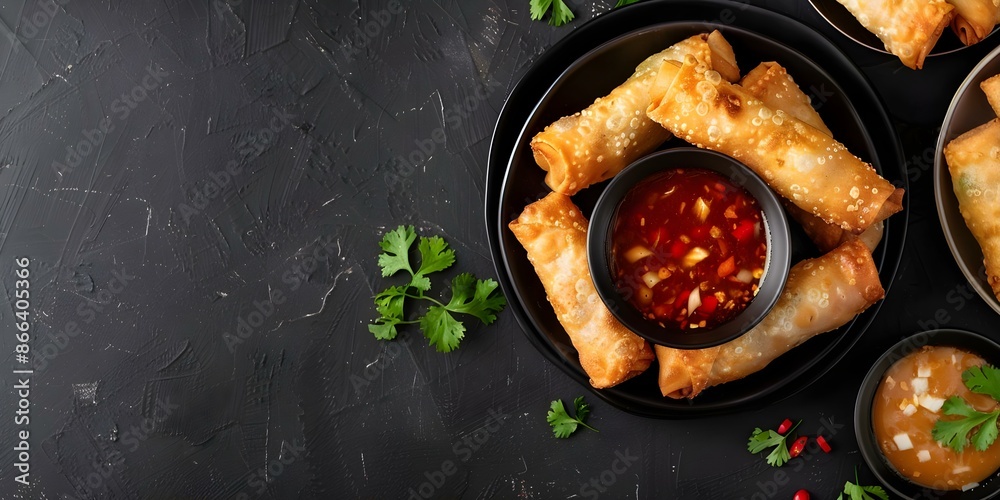 Filipino lumpia with savory filling and sweetsour dipping sauce festive table. Concept Filipino Cuisine, Lumpia, Festive Table, Savory Fillings, Sweet & Sour Dipping Sauce Filipino lumpia with savory filling and sweetsour dipping sauce festive table. Concept Filipino Cuisine, Lumpia, Festive Table, Savory Fillings, Sweet & Sour Dipping Sauce