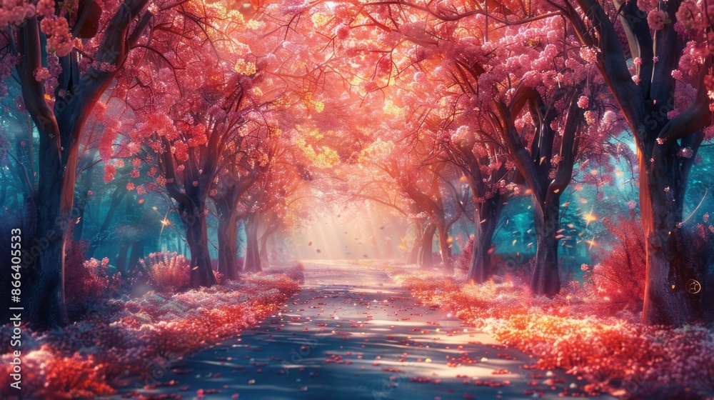 Fototapeta premium Sakura Cherry blossoming alley. Wonderful scenic park with rows of blooming cherry sakura trees in spring. Pink flowers of cherry tree.
