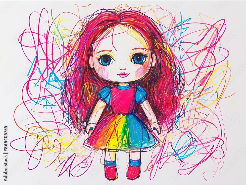 Doll toy colorful scribbles in chaotic wax crayon drawing style Doll toy colorful scribbles in chaotic wax crayon drawing style