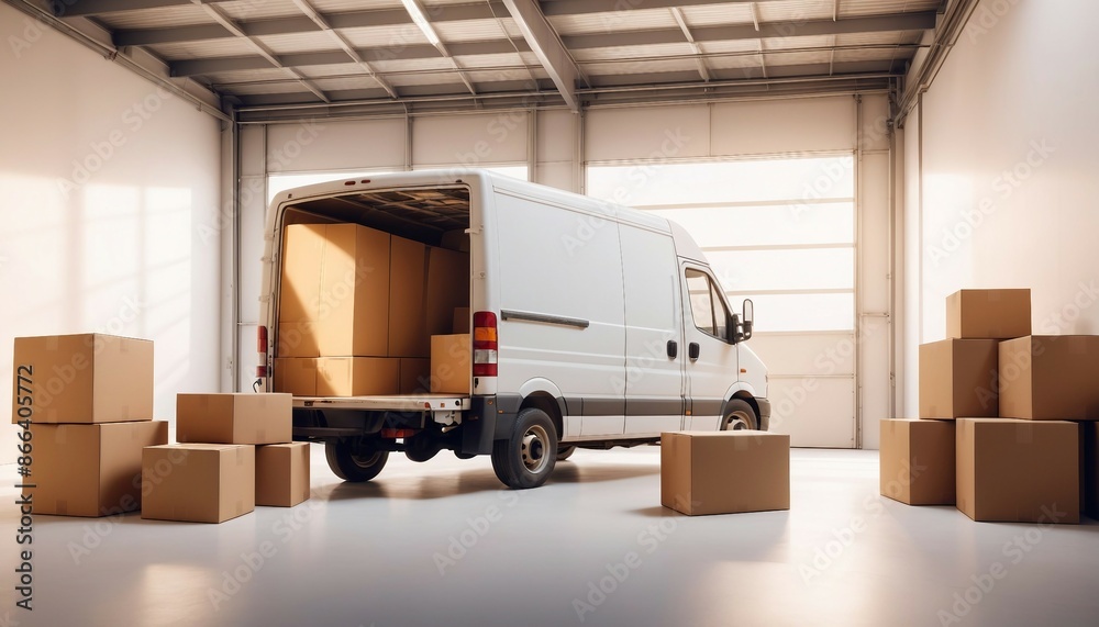 A commercial delivery van or box truck, its rear doors open, surrounded by a variety of empty cardboard boxes, inside the warehouse with white glossy floor
A commercial delivery van or box truck, its rear doors open, surrounded by a variety of empty cardboard boxes, inside the warehouse with white glossy floor
