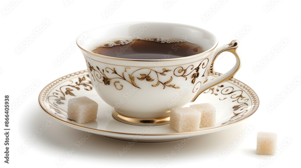 Classic and Elegant Coffee Cup with Saucer and Sugar Cubes on White Background Classic and Elegant Coffee Cup with Saucer and Sugar Cubes on White Background