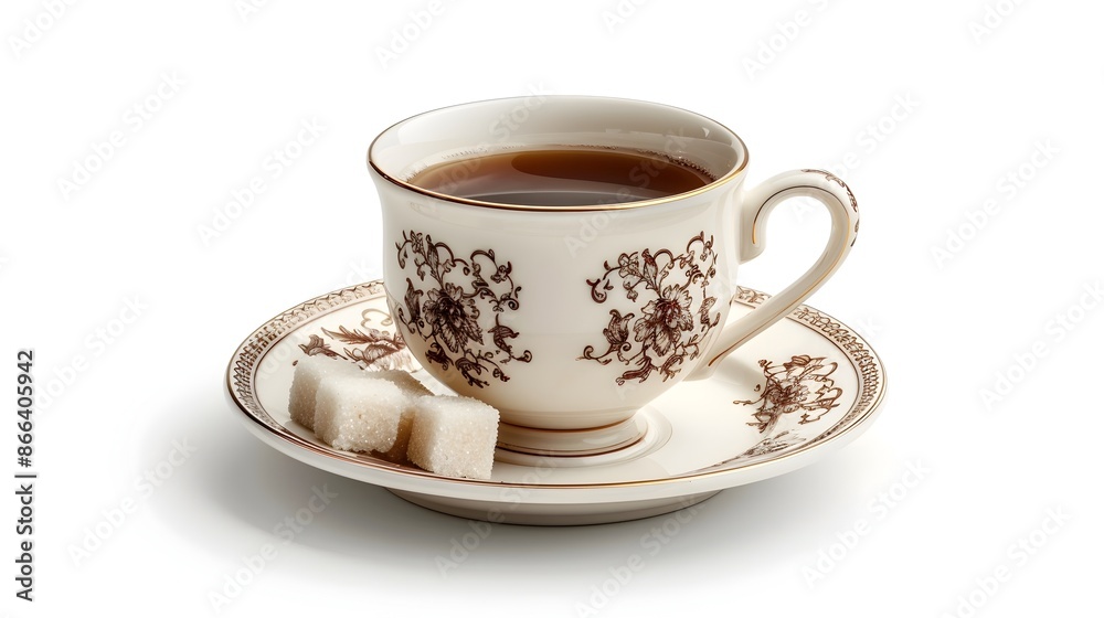 Classic Coffee Cup with Saucer and Sugar Cubes on White Background Classic Coffee Cup with Saucer and Sugar Cubes on White Background
