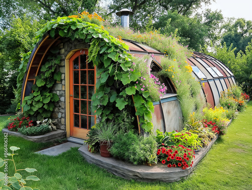 A Quonset hut is covered in lush green vines and colorful flowers, with a wooden door and a stone pathway leading to it, surrounded by a well maintained garden photo