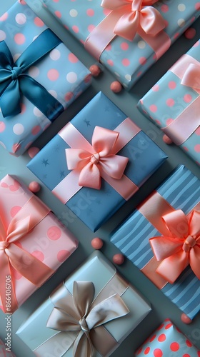A collection of beautifully wrapped gifts in pastel blue and pink, adorned with elegant ribbons, perfect for any celebration or special occasion.